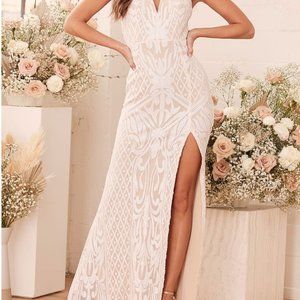 Destined for Romance Beige and White Sequin Maxi Dress